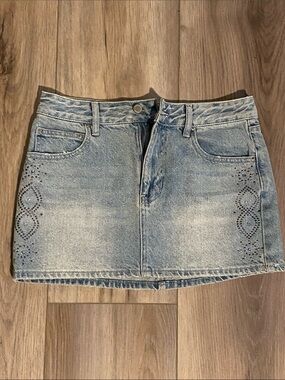 Embellished Light Blue Denim Mini Skirt